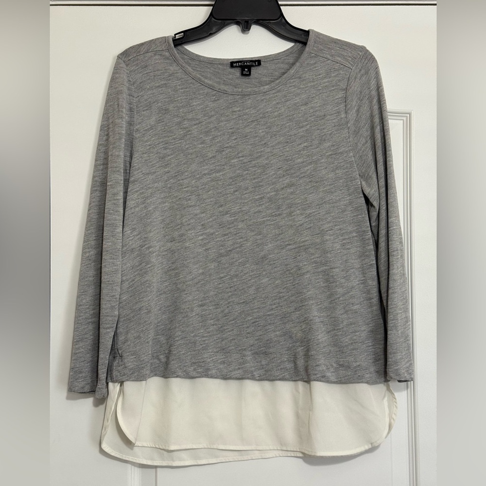 J. Crew Mercantile Gray and Cream Long Sleeve Top Medium